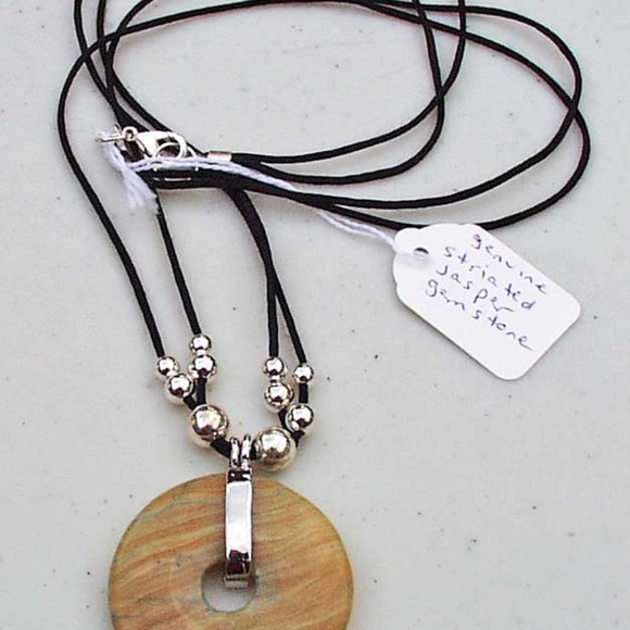 STRIATED JASPER DONUT GEMSTONE WITH SILVER TONE BEADS NECKLACE, DOUBLE SATIN - Picture 2 of 2